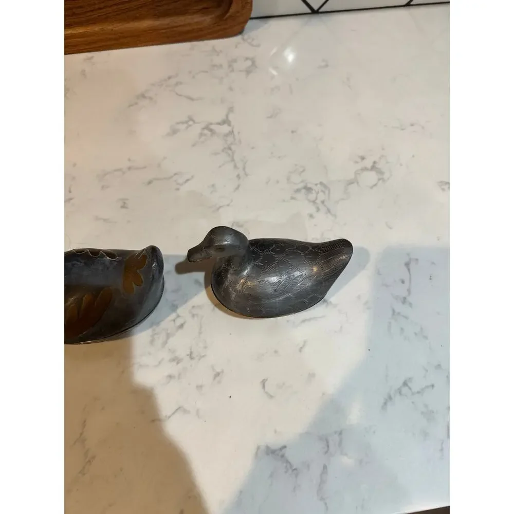 vintage pewter brass duck trinket boxes made in Hong Kong cabin rustic MCM